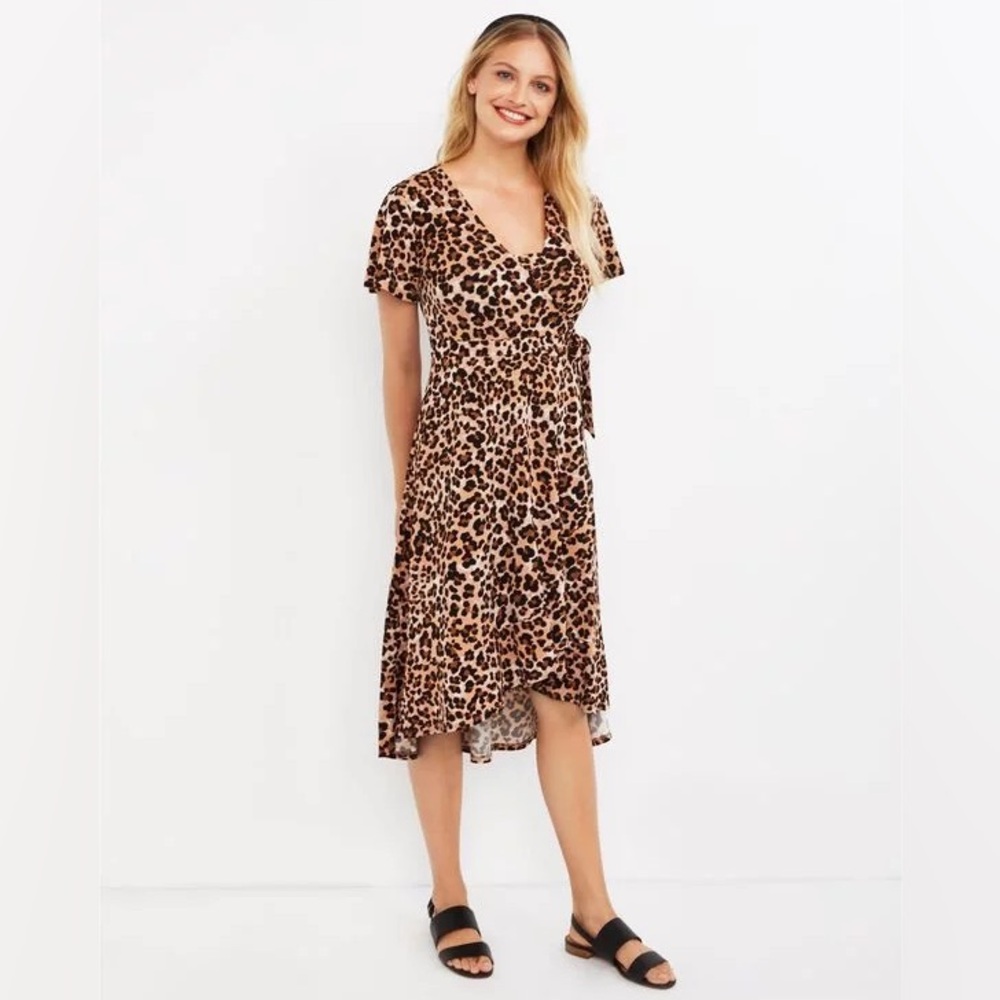MOTHERHOOD Maternity Leopard Print High Low Nursing Faux Wrap Dress Women’s L
